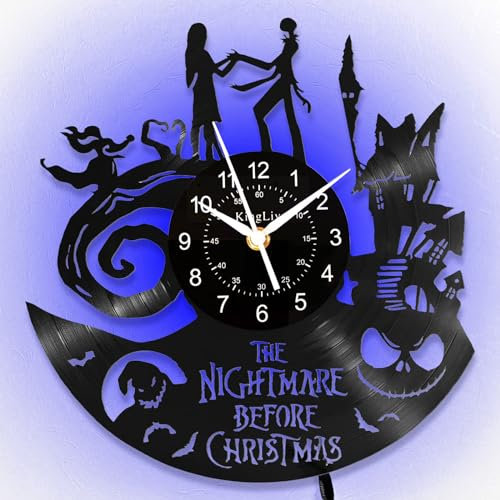 KingLive Nightmare Christmas Schallplatte Wanduhr Retro Musik Schallplatten Wanddekor, kreatives Geschenk, Halloween, Jack Gotische Dekoration(Mit LED)