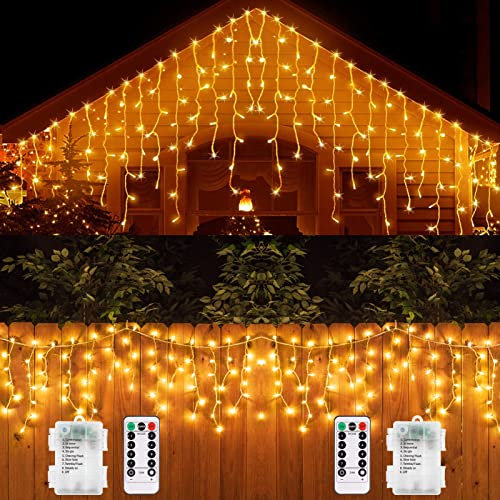[2 Pack] Christmas Icicle Lights Battery Operated Outdoor LED Icicle Fairy Lights 2.4m 102 LED 18 Drops Clear Wire Remote 8 Modes Icicle String Lights for Garden Yard Xmas Patio Wedding (Warm White)