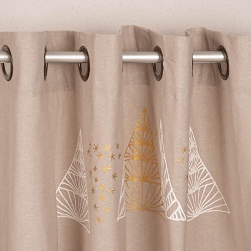SCHÖNER LEBEN. Tenda con occhielli in cotone stampato con alberi di Natale naturale bianco oro 140 x 260 cm