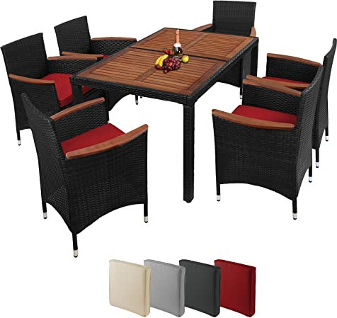 Montafox Sitzgruppe 6 Personen Poly Rattan Sitzgarnitur Akazienholz Tisch 130 x 90cm Sitzkissen 6cm Terrasse Garten Essgruppe Schwarz Gartenmöbel Set, Farbe:Titan-Schwarz/Abendsonne
