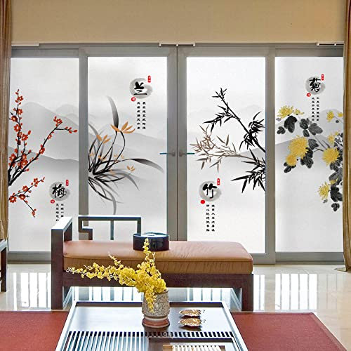 3D Fensterfolie Sichtschutz Sichtschutzfolie Fensterfolie Ohne Klebstoffe Milchglasfolie Orchidee Bambus für Zuhause und Büro, Badezimmer Schlafzimmer Küche 90 x 200 cm