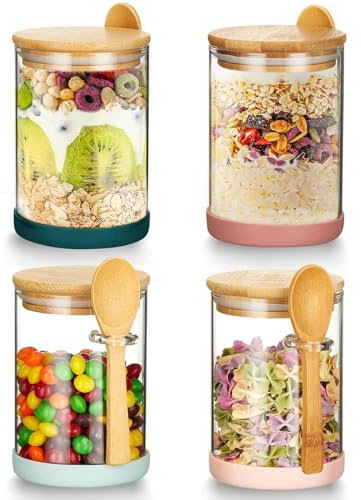 Mfacoy Set of 4 Airtight Glass Jars with Bamboo Lids & Spoons, 17 oz Borosilicate Overnight Oats Containers with Lids, Clear Food Storage Canister for Cookie, Candy, Coffee, Sugar, Matcha Tea, Flour