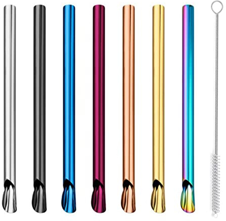 Hoshen 7 Reusable Stainless Steel Straws, 12mm Large Diameter Straw, Coffee Sand Ice Cold Drink Straw Dual-Purpose Spoon (7 Colors)