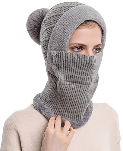 WANYI 2 in 1 Winter Mütze für Damen Wintermütze Strickmütze mit Schal Warme Mütze Kreis Schal Set Winddichte Balaclava Sturmhaube mit Fleecefutter 55-60CM (88 Grau)