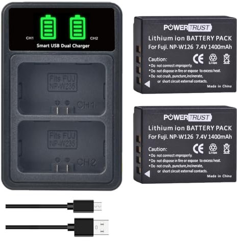 PowerTrust NP-W126 NP-W126S Battery with Charger for Fujifilm X100V XT200 X-S10 XT30 XT20 X-A1 X-E3 X-T2 X-T1 X-T100 X-Pro3 X-A5 X-E1 X-M1 HS30EXR HS33EXR HS50EXR
