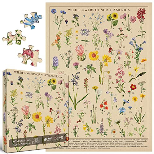 Vintage Wildblumen Puzzle 1000 Teile für Erwachsene, Botanik Pflanze Blume Puzzle von Wildblumen Nordamerika, Blumen Puzzle Puzzles Natur als Pflanze Geschenke