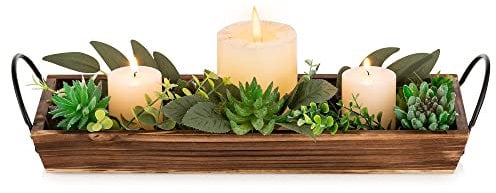 Hanobe Plateau Bois Decoratif Bougie: Rectangulaire Longue Rustique Plateau de Service Decoration avec Métal Anses Ferme Plateaux de Table en Bois Deco Présentoir, Marron