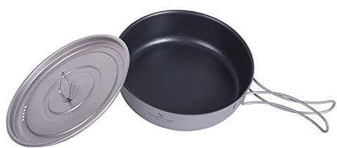 iBasingo Sartén de titanio de 1000 ml 19 cm antiadherente utensilios de cocina de camping con tapa y asa plegable ligera al aire libre portátil para senderismo sartén plato de plato de cocina