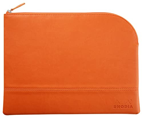 RHODIA 116746C - Faux Leather Zipped Pouch - Tangerine - Size L (21 x 28 cm) - Genuine stitching - Orange Fabric Inside - Documents, Small Supplies storage