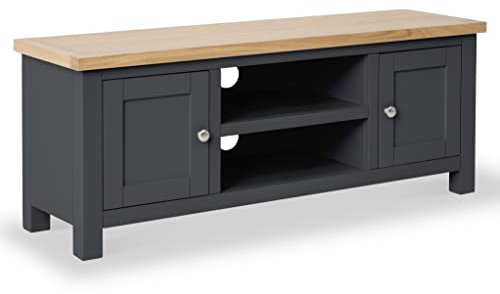 Farrow Charcoal 120cm Large TV Unit for Living Room | Roseland Furniture Fully Assembled Painted Solid Wooden Television Cabinet Stand with Oak Top | Suitable for TVs up to 54 inches