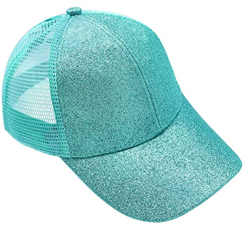 YeeHeen Baseballmütze für Mädchen Criss Cross Pferdeschwanz Baseballmützen Regenbogen Glitzer Sonnenmütze Seegrün