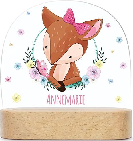GRAVURZEILE Personalisiertes LED Nachtlicht für Kinder - Blumenkranz - Personalisiert mit Namen - Nachttischlampe für das Kinderzimmer - Geschenk für Kinder & Babys - Baby Geschenk - Reh