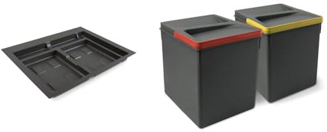 Emuca - Containers + base for Recycle kitchen drawer, 2 H266mm bins (2x15L), 1 cuttable base for recycling bins for 60cm module (536x482mm), Anthracite grey plastic
