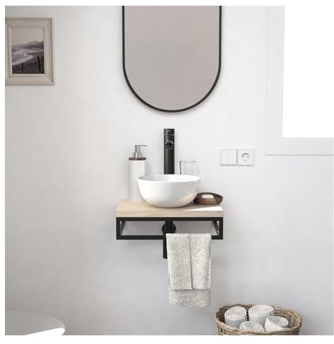 MOB-IN Lave-Mains Plan Fin Porte-Serviettes Dessous +Vasque +Miroir +Robinet Soho