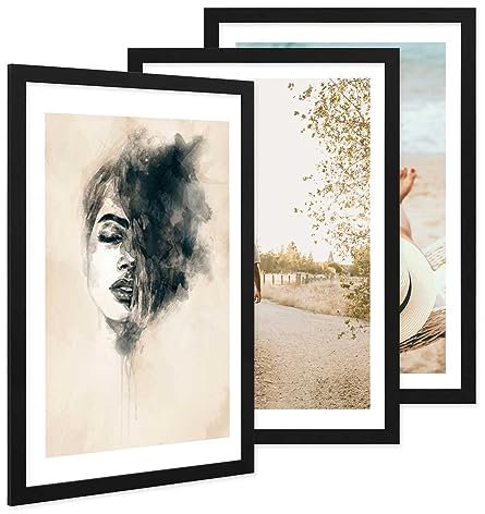PHOTOLINI Cadre photo 40 x 60 cm bois MDF noir, cadre large bord, lot de 3 cadres photo, verre acrylique incassable, décoration murale à suspendre, accessoires supplémentaires