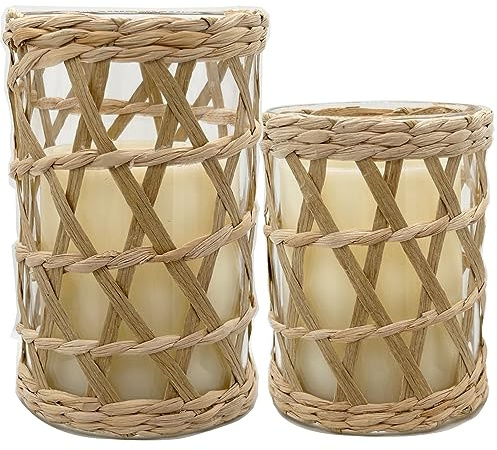 Teelichthalter, Rattan, gewebt, 2 Stück, dekorativ, Vintage, rustikal, Weide, Votivglas, natürliches Seegras, handgewebt, Stumpenkerzenhalter, Hurrikan, Teelichthalter