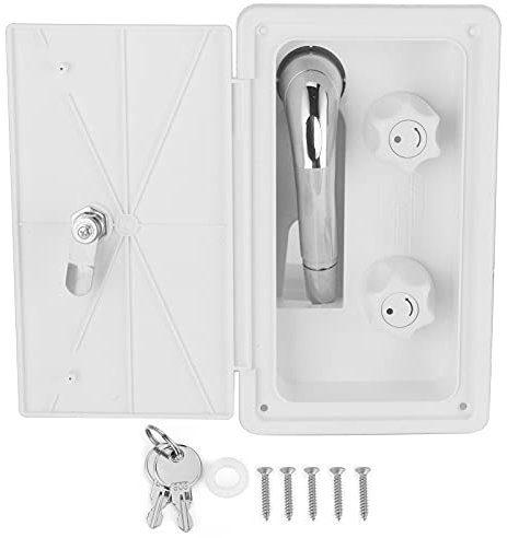 Kit box doccia esterno per camper, box doccia bianco per roulotte, doppia valvola, riscaldamento freddo, doppio controllo, con tubo in metallo, doccetta, chiavi di blocco da 1/2 pollice, per camper