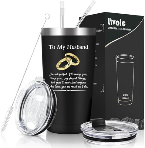 Livole Valentines Gifts for Husband, Him, Couples, Husband Birthday Gifts, Funny Valentines Mug for Him, Couple's Ring Mugs, to My Husband, 20OZ 600ml Double Walled Travel Mug with Straw and 2 Lids