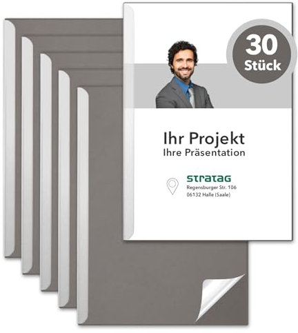 STRATAG Klemmschienen-Set (30 Stück) mit transparentem Deckel aus PP Kunststoff sowie Binderücken aus stabilem 350 g/m² Karton (Klemmmappe A4 Grau Steingrau)