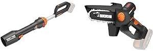 WORX - Pack Petits Prix Jardin - Souffleur de Feuille - 209km/h, 696 m³/h + Mini Tronçonneuse sans Fil 20V - Lame de 12 cm - WG543E.9 & WG325E.9 (Livré sans Batterie ni Chargeur)