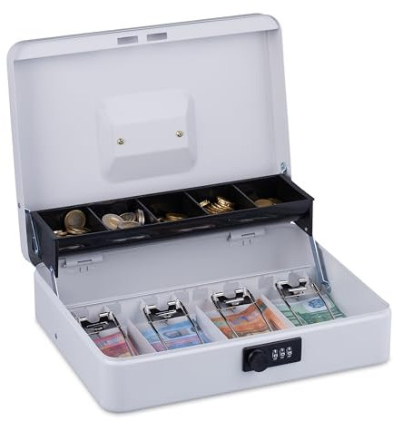 Relaxdays Geldkassette, 3-stellige Zahlenkombination, Münzeinsatz & 4 Scheinfächer, abschließbar, Geldkasse Eisen, weiß
