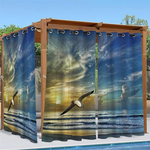 Linfye Outdoor Vorhang Wetterfest, Blau Outdoor Vorhänge Wasserdicht mit Ösen Möwe Sichtschutz Outdoor Gardinen für Draussen Terrasse Balkon Pavillon Garten Pergola 2er Set B 132 x H 213 cm