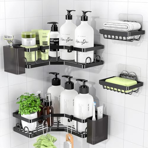 PKBD Etagere Douche Sans PercageSans Percage 4 Pcs,Rangement et Organisation de la Salle de Bain,Avec Porte - Savon,Crochets et Porte - Dentifrice,Salle de Bain ou Cuisine,Noir