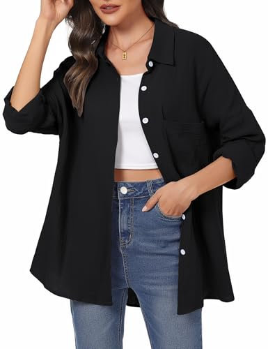 Aottori Musselin Bluse Damen Elegant 100% Baumwolle Longbluse Langarm Modern Oberteile Hemd Lose Langarmshirt Blusenshirt Hemdbluse Tuniken Tops Schwarz M