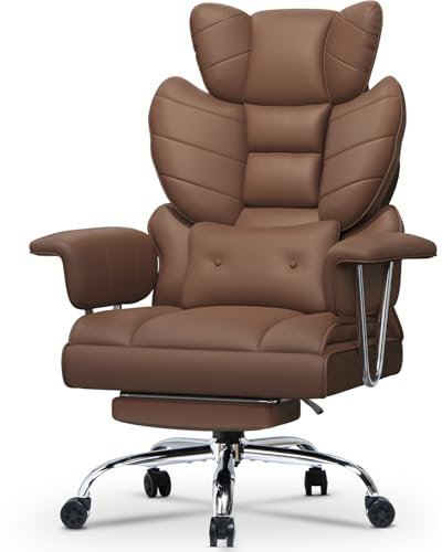 naspaluro Bürostuhl mit Fußstütze, Ergonomischer Schreibtischstuhl mit Zusätzlichem Lordosenstützkissen, Großer Chefbürostuhl aus PU-Leder mit Hoher Rückenlehne, Computerstuhl für Homeoffice, Braun