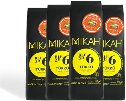 Caffè TURCO - Miscela di caffè 100% Arabica macinato MIKAH® secondo la tradizione turca - 4 Sacchetti da 125gr (Caffè turco aromatizzato al PISTACCHIO)