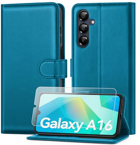 ivencase Coque pour Samsung Galaxy A16 avec Verre Trempé, étui Cuir PU Magnétique [ Pochette de Portefeuille ], Housse de Fonction Stand Video Porte Carte Credit à Rabat pour Samsung A16 -Bleu Vif