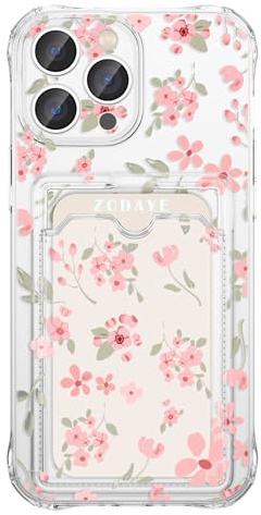 ZCDAYE Floral Clear Case for iPhone 14 Pro Max with Card Slot, Gentle Pink | Aesthetic Girly Cute Flowers Printed Phone Case, Soft Slim Fit Card Case with Card Holder, Woman Protective Cases Phone Cover