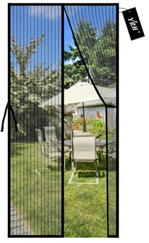 YRH Magnetic Fly Screen Door with Stay Open Buckles - Heavy Duty Self-Sealing Mesh, No Drill Installation,Powerful Magnets,Full Frame Magic Tape (110x210 cm, Black)