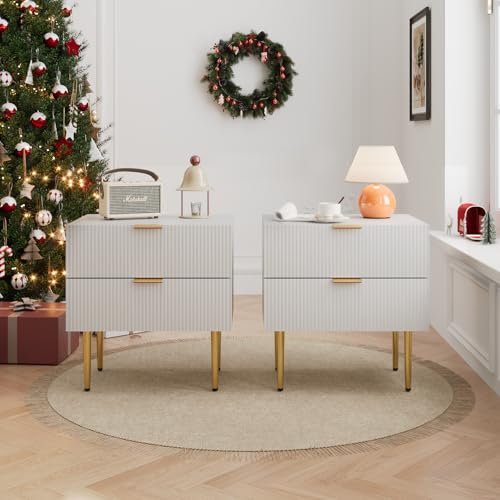 Semiocthome Weißer Nachttisch mit 2 gewellten Flüsterpaneel-Schubladen, mit goldenen Metallbeinen, Schlafzimmer-Set mit breiter Tischplatte, Nachttisch für das Wohnzimmer Zwei Carmens