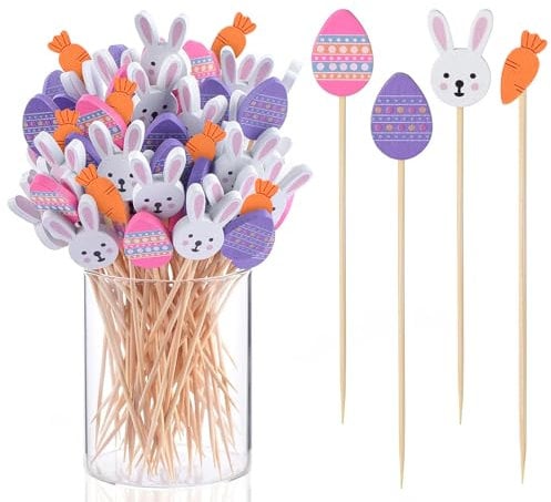 Hangsky 100 Stück Ostereier Hasen Cocktailspieße, Hölzerne Spieße Fingerfood, Hölzerne Cocktail Zahnstocher, Partyspieße für Bar Fasching Party und Geburtstag Party Obstspieß Cocktail Deko