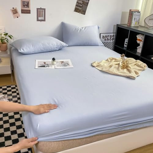 KnSam 90x200cm Betttuch mit 2er Kissenbezüge Set Laken, Bettlaken Unterlage Einfarbig Matratzenschutz, Polyester Baumwolle Bett Laken Bezug Hell Blau für alle Jahreszeiten