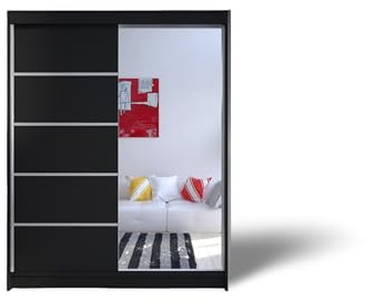 ELUKS - DELIN Sliding Doors Wardrobe with Mirror Furniture for Bedroom Living Room and Hall Wardrobe Organizer Width 100cm/120cm/150cm/180cm/200cm/WHITE/BLACK/OAK (Black, 150cm)