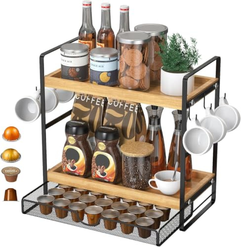 LEMIKKLE 2 Tier Spice Rack - Kitchen Storage & Organisation with Basket, Suitable for Coffee Station Organizer, Kitchen Organizer (hook up)