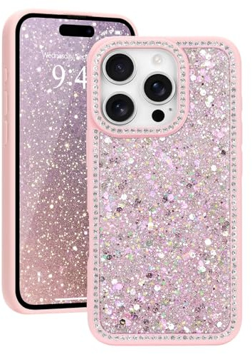 Ethanger Glitter Rhinestone Crystal Case for iPhone 16 Pro, Pink | Glamorous Sparkling Back, Aesthetic Bling Diamond Cover, for Women Girls, Shockproof Protective Phone Case