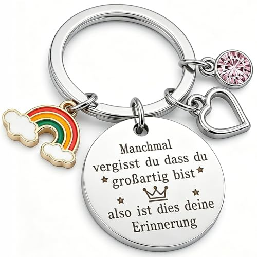 JANGYUHH Schlüsselanhänger Edelstahl Gravur mit Regenbogen, Herz & Kleeblatt – Geschenkidee für Frauen, Männer, Freundin, Mutter, Vater – Motivation, Dankeschön, Geburtstag & Weihnachten