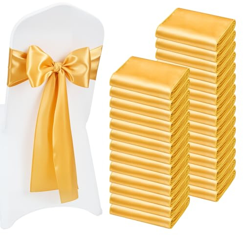 VEVOR Satin Chair Sashes Bows, 100PCS Chair Ribbon Ties Back Sash, 7 x 108 inch, Gold Wedding Reception Decoration, for Wedding Ceremony Baby Shower Party Events Banquet Chair Cover Decoration