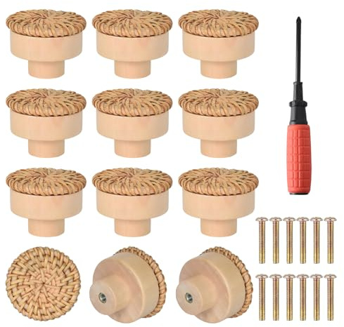 Rylae Tiradores Armarios Madera Ratán, Pomo para Muebles Bohemios, 12 Piezas Tiradores para Cajones, Armarios, Cómodas, Cocinas, Habitaciones (Color madera)