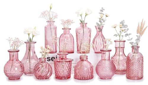 Dekorative Glasvasen Set, Bernstein, 12 Stück, Vintage-Stil mit Strukturmuster, für Blumen und Heimdekoration (Rosa, 12 Stück)