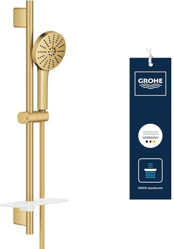 GROHE Vitalio Joy+ 120, Duschset wassersparend, 6l pro Min (Brausestangenset mit: Duschkopf 3 Strahlarten, 1,75m Schlauch, Duschstange zum kleben oder bohren, inkl. Ablage), gold, 134866GN00