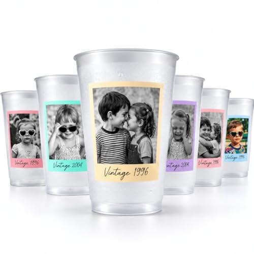 VEELU Personalised 5-100 Pack Plastic Party Cups with Custom Photo & Text, Reusable Frosted Clear Disposable Cups for Parties, Weddings, Birthdays, BBQ, Festivals, Camping, Travel