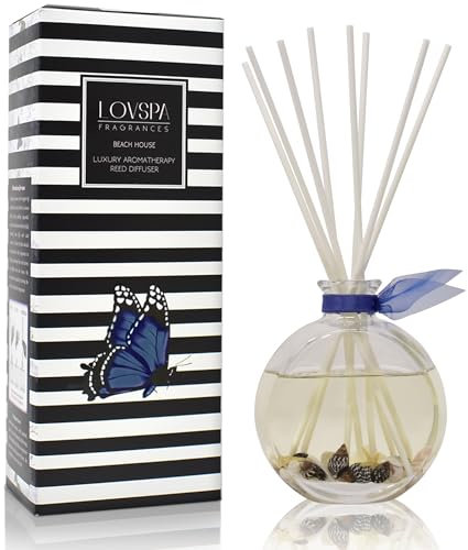 LOVSPA Beach House Reed Diffuser Oil Gift Set | Marine Grass, Sea Salt, Blue Lotus, Honeydew Melon, Jasmine & Aquatic Musk | Real Seashells in The Bottle! | Gorgeous Display for Your Ocean Home Décor