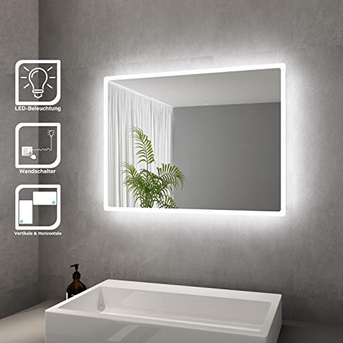 ELEGANT Badspiegel mit LED-Beleuchtung Energiesparend LED Badezimmerspiegel 80 x 60 cm kaltweiß IP44 Badezimmer Wandspiegel Bad Spiegel