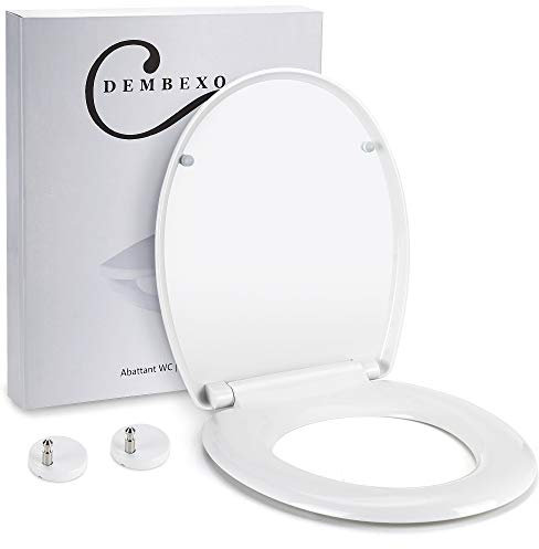 Dembexo® - Tapa de WC, Asiento de inodoro con cierre suave, Sistema antideslizante, Desmontaje con un clic, fácil limpieza + juego de 10 fundas higiénicas