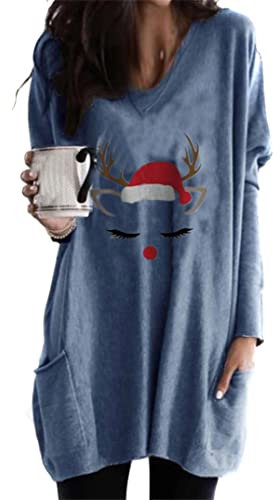 EFOFEI Damen Vielseitiges Bequemes Unterhemd Einfarbiges Pullover Shirt Langärmliges Bedrucktes Hemdkleid Elch Blau XL