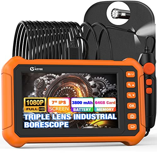 KZYEE KZ3000 Pro Industrie Endoskop mit DREI Objektiven, HD 1080P Inspektionskamera, 7 Zoll IPS Bildschirm Endoskopkamera mit 8 LED-Leuchten, 3,5 m halbstarres Kabel, 3800 mAh, 32 GB TF-Karte